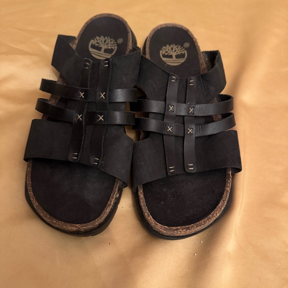 Timberland Black Leather Slide Sandals Women’s 8M Genuine Leather Comfort Boho - Picture 2 of 8